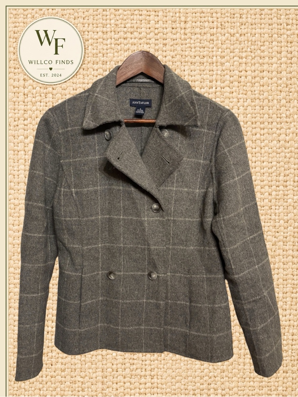 Ann Taylor 92% Wool Gray Windowpane Plaid Double Breasted Jacket Small